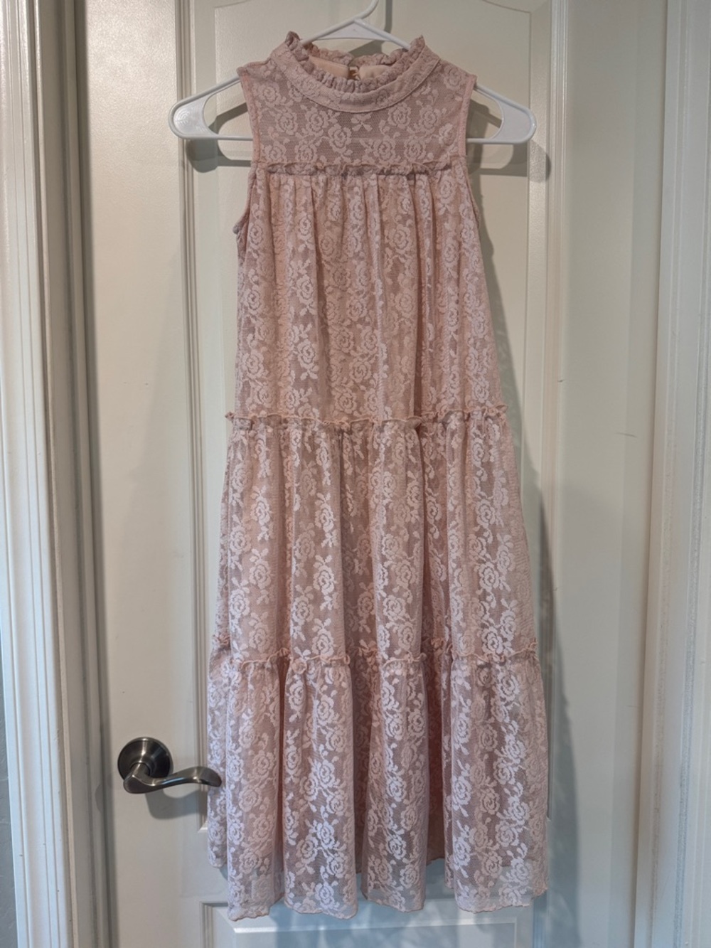 Girls' Sleeveless Lace Tiered Dress in Blush Pink/ AA59
